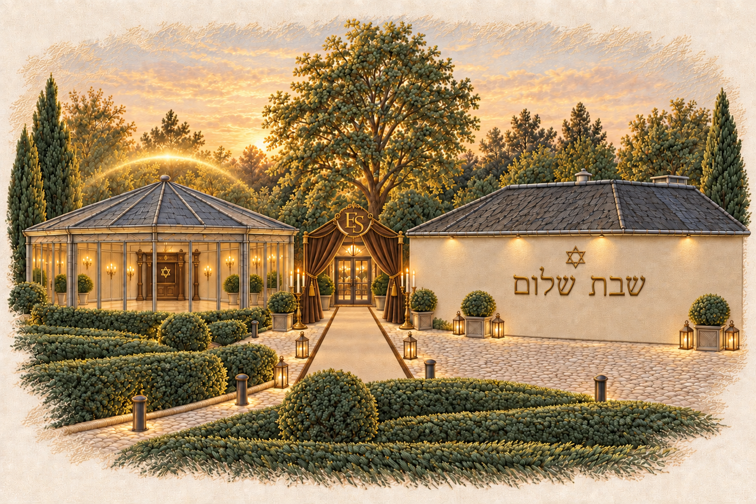 Le Manège pour Chabbat, dans les tons chocolat et beige, avec une douce lumière dorée au-dessus de la synagogue