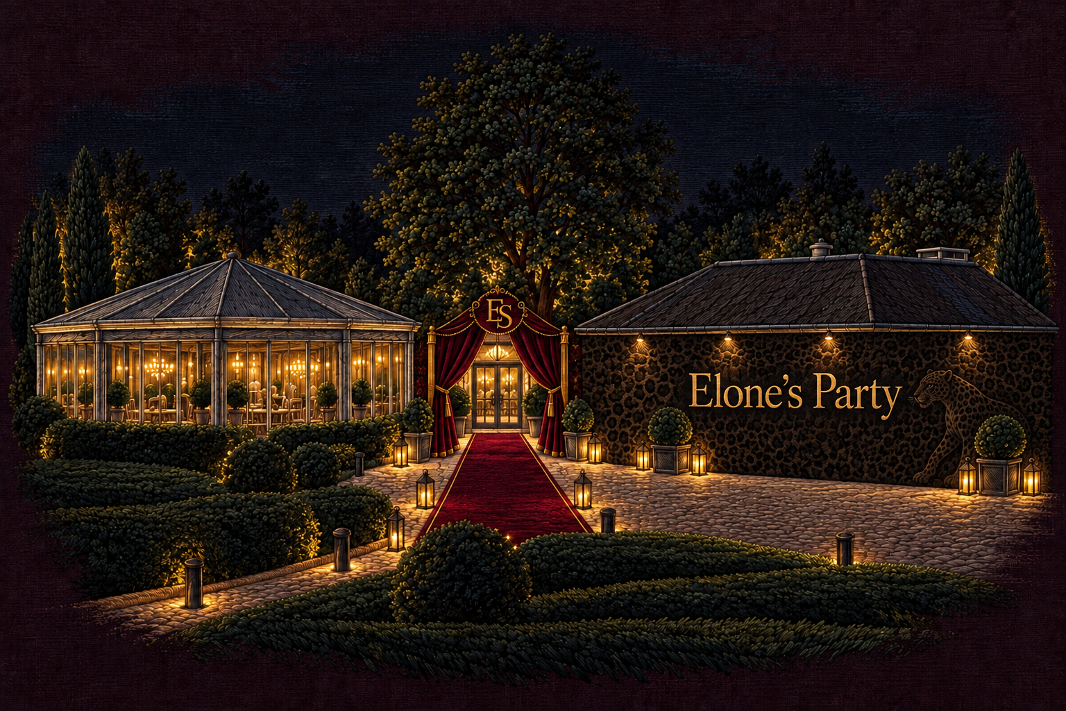 Le Manège de nuit, entrée en velours bordeaux, monogramme ES et mur Elone’s Party
